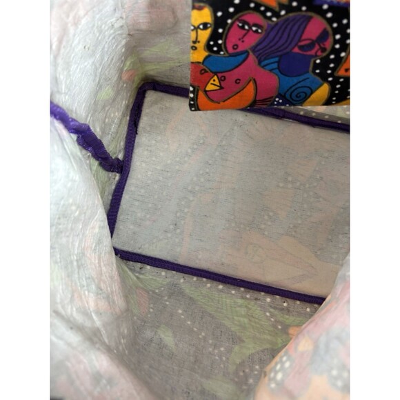 Vtg 90s LAUREL BURCH Tote Bag Drawstring Bucket Canvas Cat Retro Folk Art Artist - Picture 9 of 16